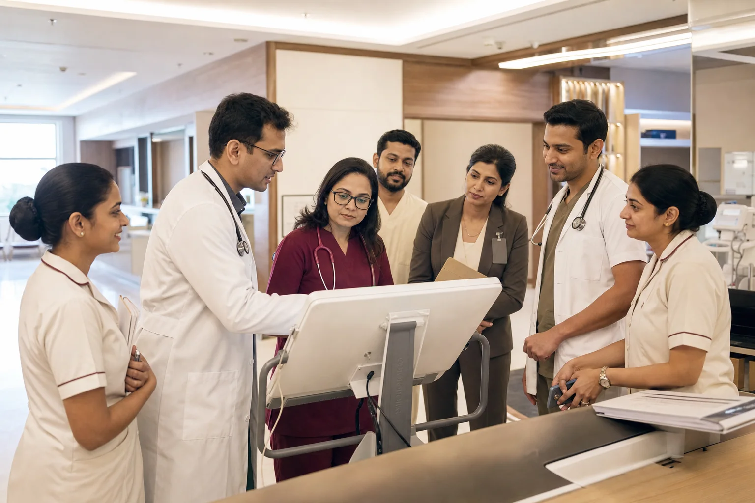 Indian doctors, nurses and hospital professionals collaborating on patient care at a modern clinical workstation